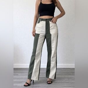 High Waisted Two Tone Utility Pants Olive Cream Straight Leg Size Small